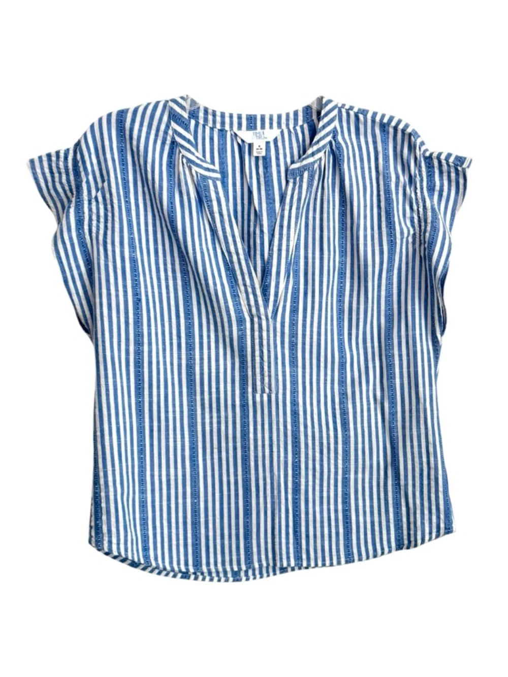 Time and Tru Size S (4-6) blue- white striped top w/split-neck and short sleeves - Picture 2 of 7